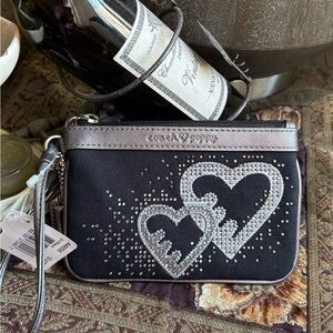 Authentic Coach POPPY Silver/Black canvas/leather Heart Studded zip top Wristlet